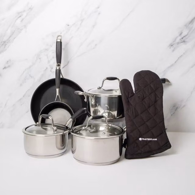 MasterClass 6-Piece Stainless Steel Non-Stick Cookware Set with Glass Lids in Silver