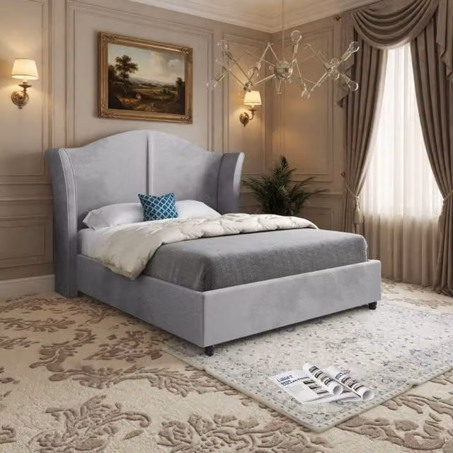 KDMD Wiggonholt Curved Winged Upholstered Bed Frame in Grey Soft Velvet, Super King, W/D/H: 200 x 189 x 137 cm