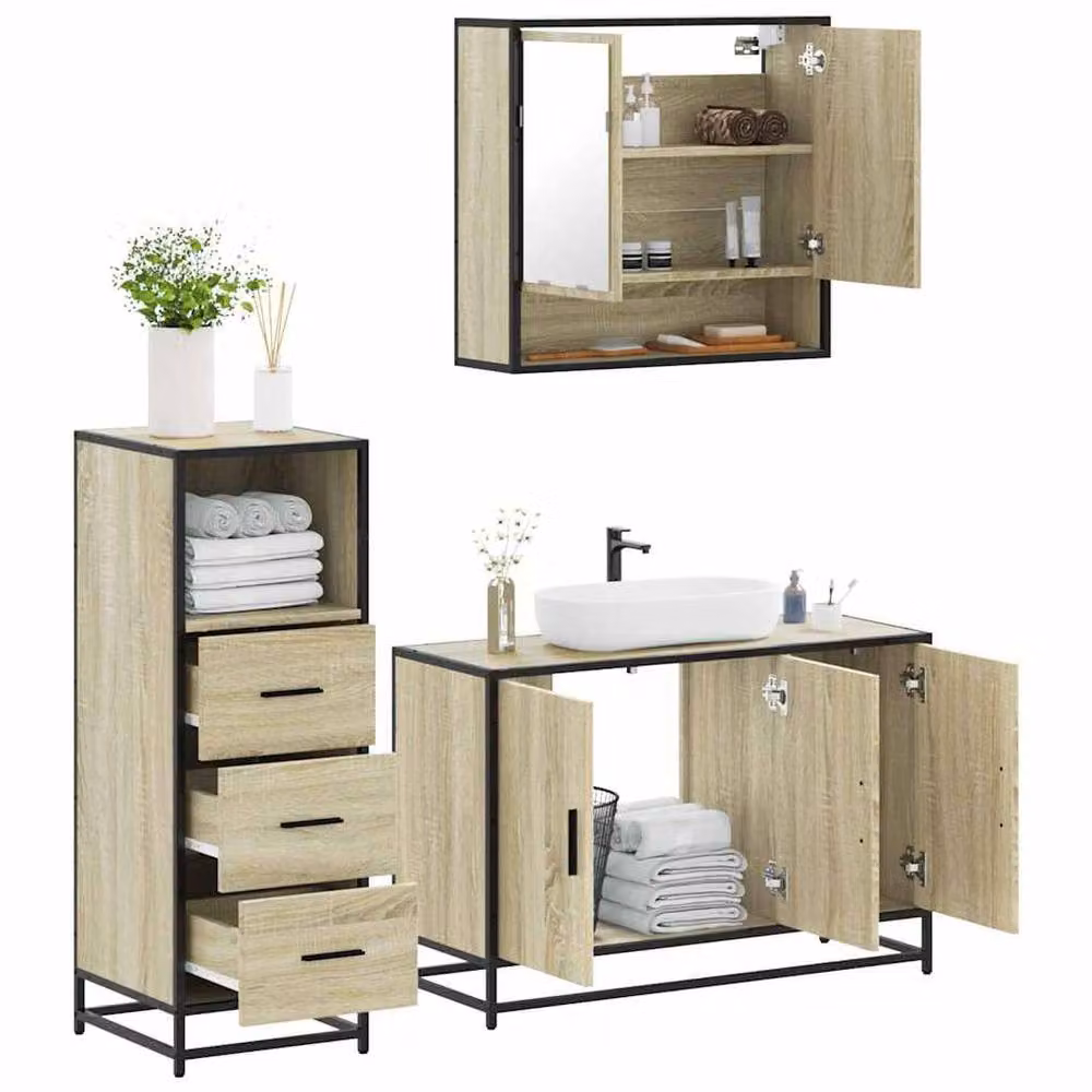 Berkfield Home 3 Piece Industrial Bathroom Furniture Set in Beige Sonoma Oak – 2