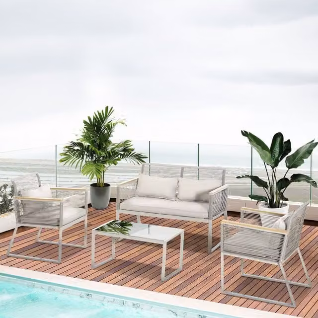OUTSUNNY 4 Piece Grey PE Rattan Outdoor Sofa Set with Metal and Glass Details – 1