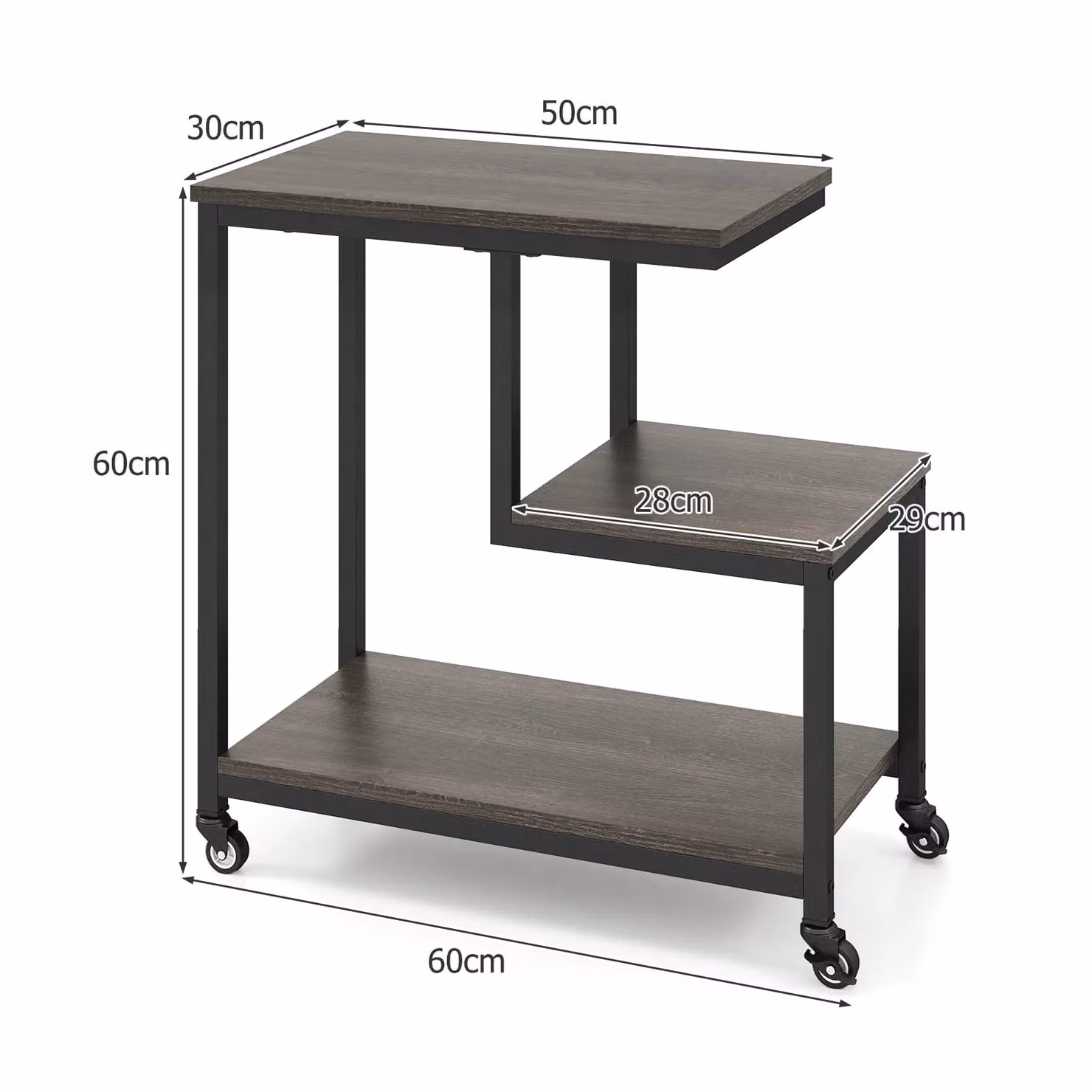 Gymax G-shaped 3-Tier Mobile Side Table with Open Shelves and Castors, Grey – 2