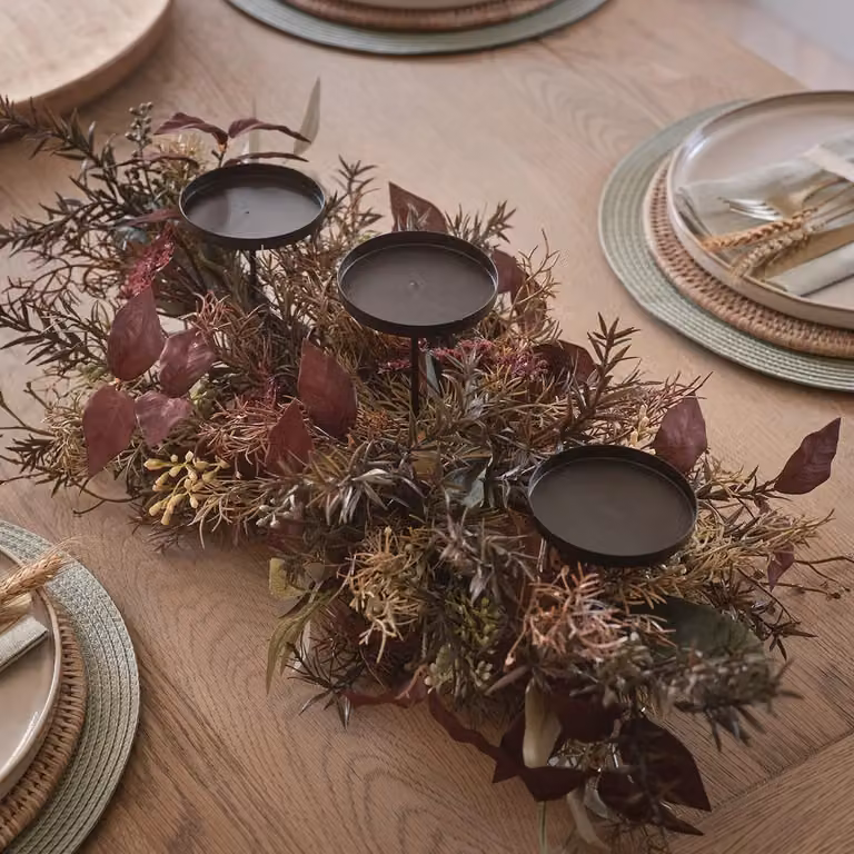 Lights4Fun Autumn Winter Trio Candle Holder with Natural Twig Frame and Metal Spheres, Length: 70 cm
