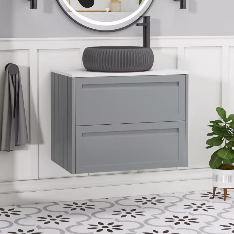 Royal Bathrooms Elmore 700mm Wall Hung Countertop Vanity Unit with 2 Drawers in Matt Pebble Grey and Milan Black Basin