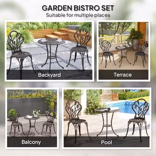 Outsunny 3 Piece Retro Metal Bistro Set in Matt Bronze for Garden, Balcony or Terrace – 4