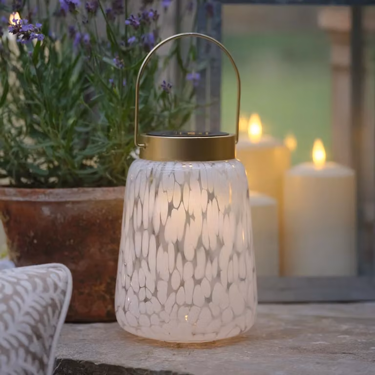 Lights4fun Confetti Glass Solar Lantern in White and Gold, H 17.5 cm x D 12 cm