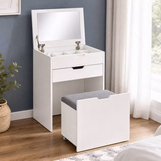 STILVORA Dressing Table Set with Flip-Top Mirror and Storage Stool in White – 1