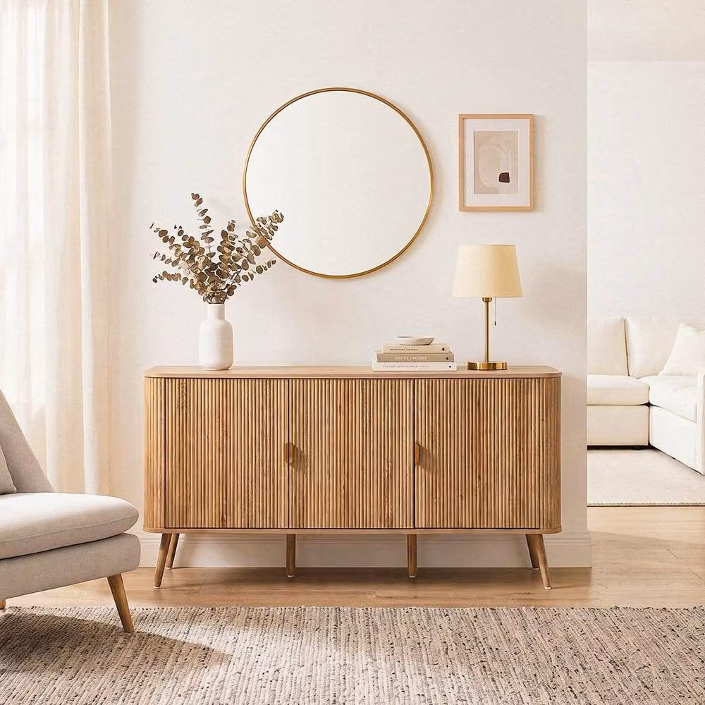 CALICOSY 3-Door Rounded Sideboard with Oak-Effect Slatted Fronts in Light Brown, Width: 150 cm – 2