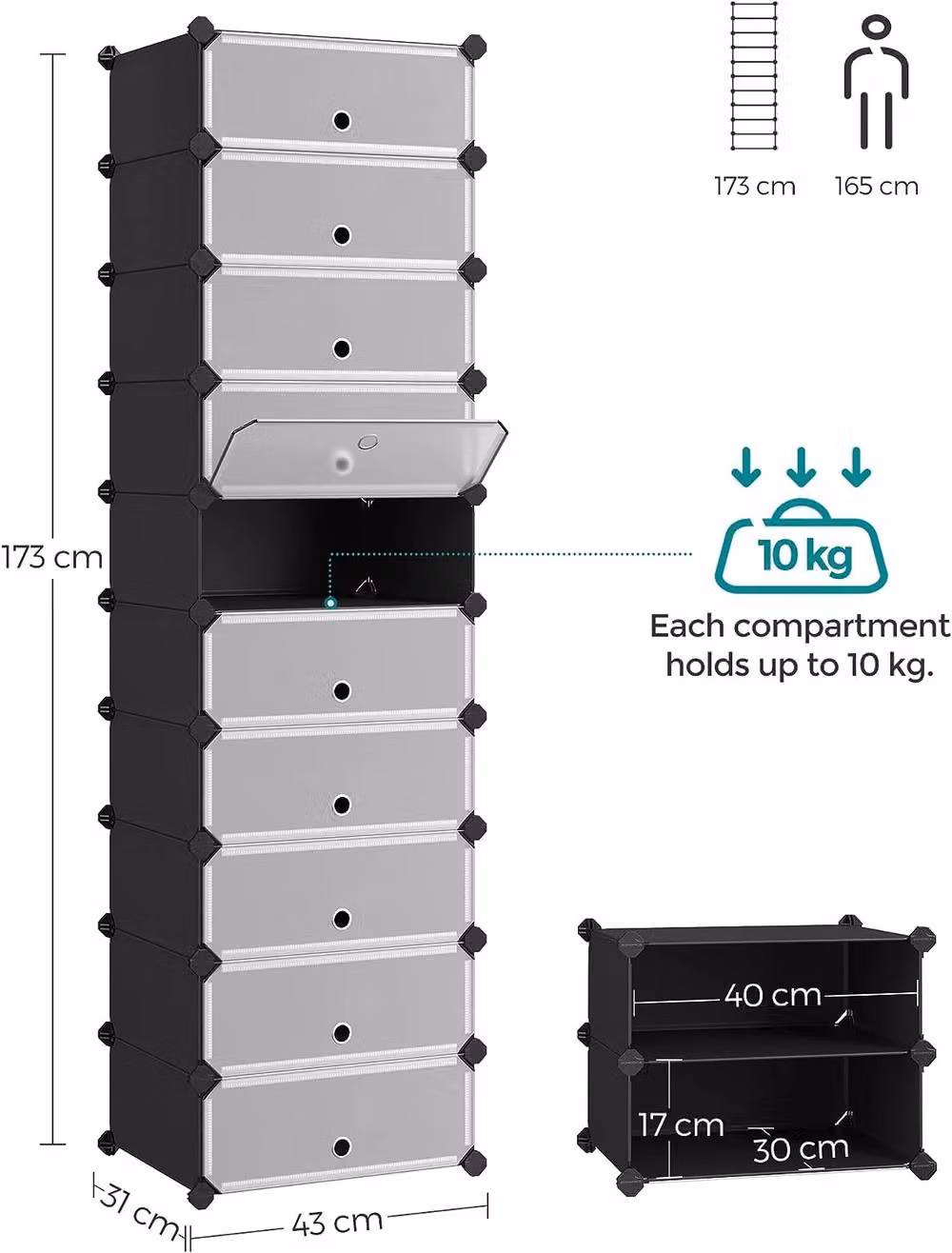 SONGMICS 10 Slot Modular Plastic Shoe Rack and Wardrobe Organiser with Adjustable Shelves, Black – 2