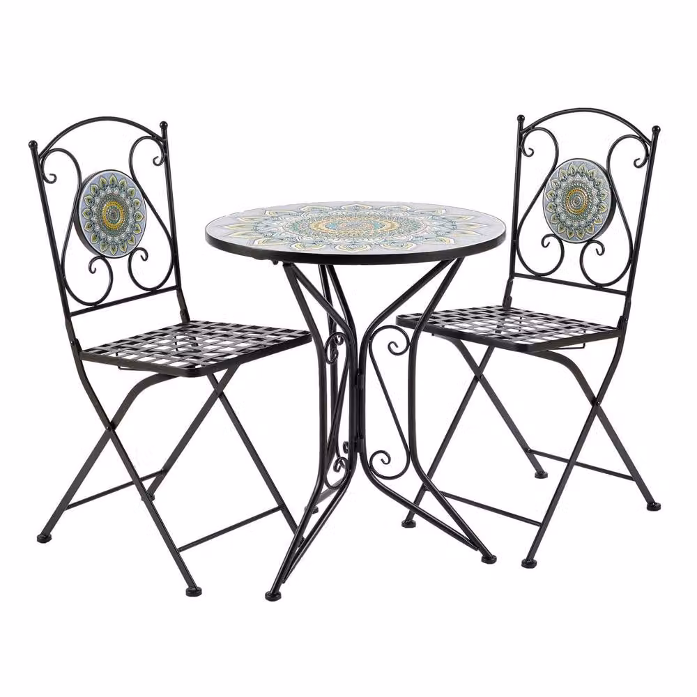 Home Source Bistro Table and 2 Chairs Set with Blue Floral Mosaic Design in Black – 2