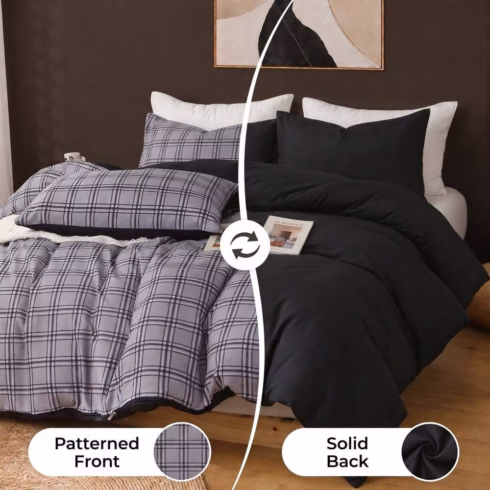Lazzaro Home Honey Checkered Duvet Cover Set in Grey, King Size, Brushed Microfibre – 3