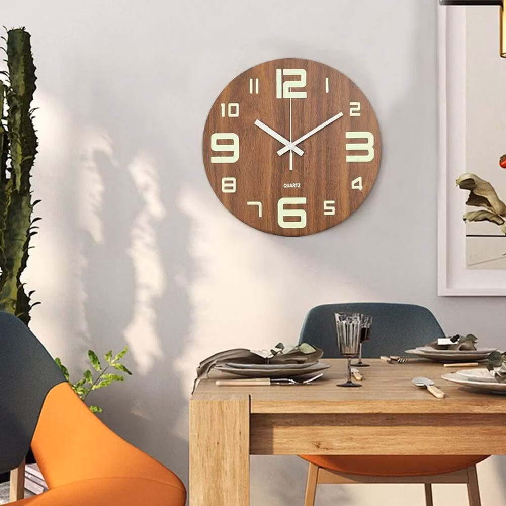 PAWNORA Round Luminous Analog Quartz Wall Clock with Arabic Numerals in Brown, Diameter: 30.48 cm – 4