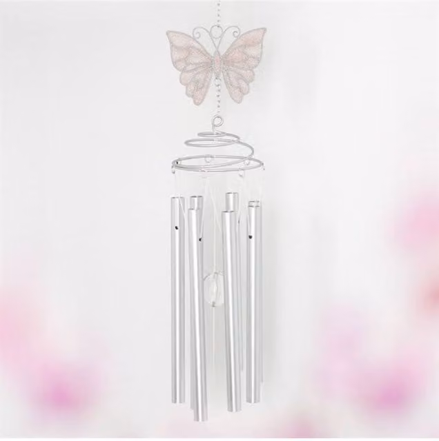 KDMD White Butterfly Windchime with Crystal and Silver Spiral Decor