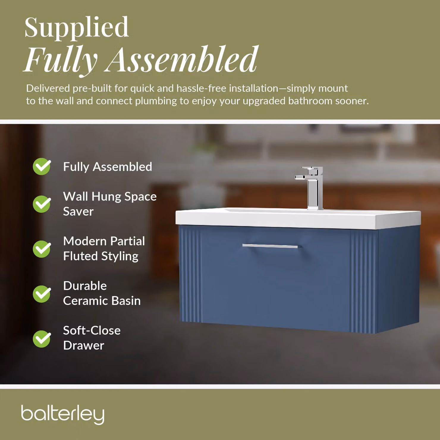 Balterley Wall Hung 1 Drawer Vanity Unit with Mid-Edge Basin, Satin Blue – 4