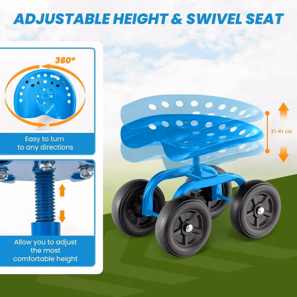 Costway Garden Rolling Workseat Cart with 360 Degree Swivel Seat in Blue – 6