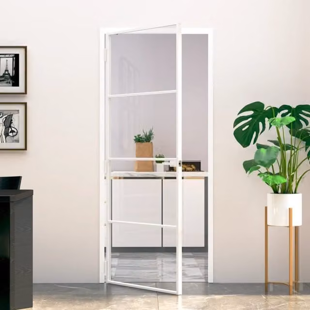 Berkfield Modern Interior Door in White with Tempered Glass and Aluminium, W: 83 cm, H: 201.5 cm