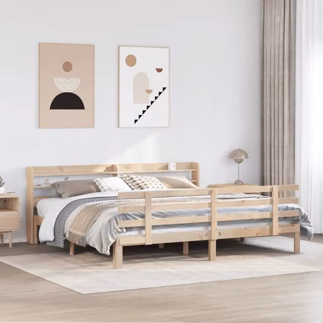 Berkfield Home Super King Bed Frame with Headboard and Side Compartments in Brown Rustic Pine Wood, W/D/H: 180 x 200 cm