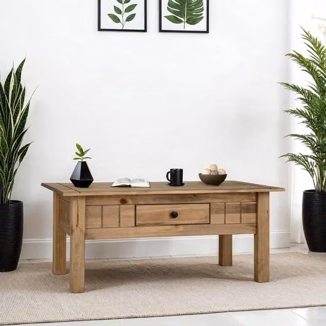 Seconique Panama Rectangular Coffee Table with 1 Drawer in Natural Waxed Pine Brown