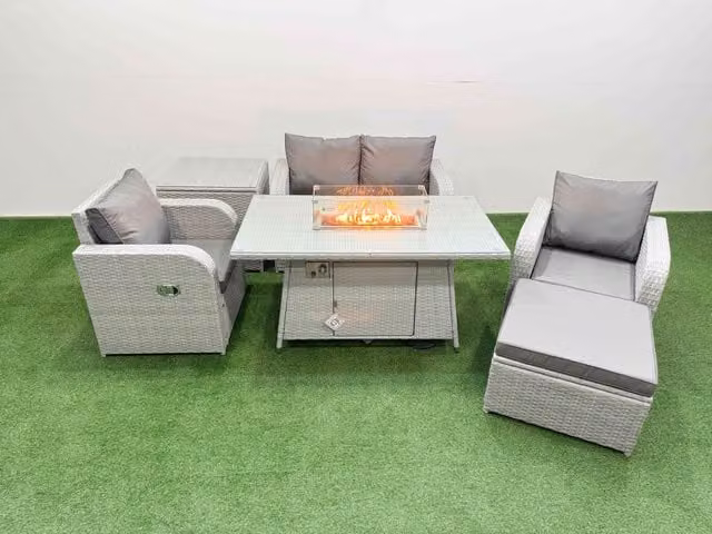 Fimous 5 Seater Light Grey PE Wicker Rattan Garden Furniture Set with Reclining Chair, Firepit Dining Table, Footstool and Side Table