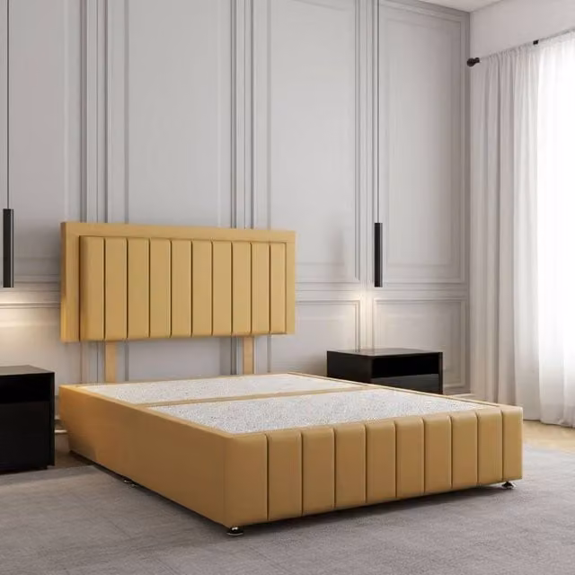 REGIONAL FURNISHINGS King Size Mustard Yellow Velvet Upholstered Divan Bed Base with 24 inch Headboard and Footboard, W/D/H: 180 x 200 cm