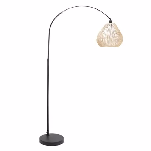 ValueLights Louis Black Arched Floor Lamp with Natural Rattan Teardrop Shade