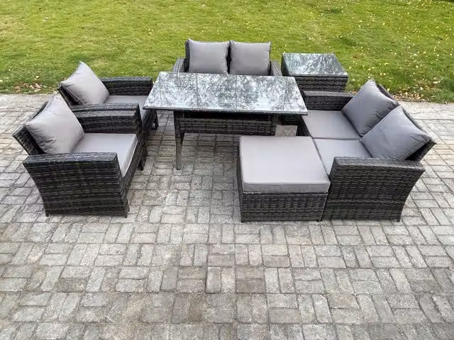 Fimous 7 Seater Rattan Garden Furniture Set with Oblong Dining Table and Side Table in Dark Grey