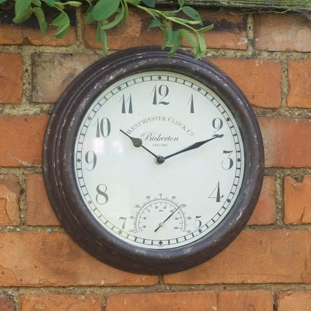 Smart Garden Classic Round Analog Wall Clock with Thermometer in Brown, Diameter: 30.48 cm