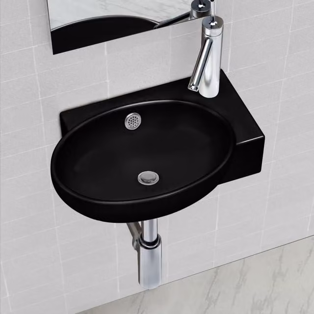 Berkfield Home Round Ceramic Wall Mounted Bathroom Sink Basin with Overflow in Black – 1