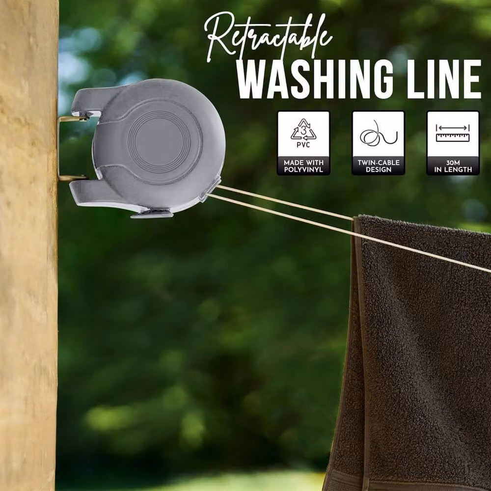 Tanness 30m Wall Mounted Twin Cable Retractable Washing Line in Grey – 3