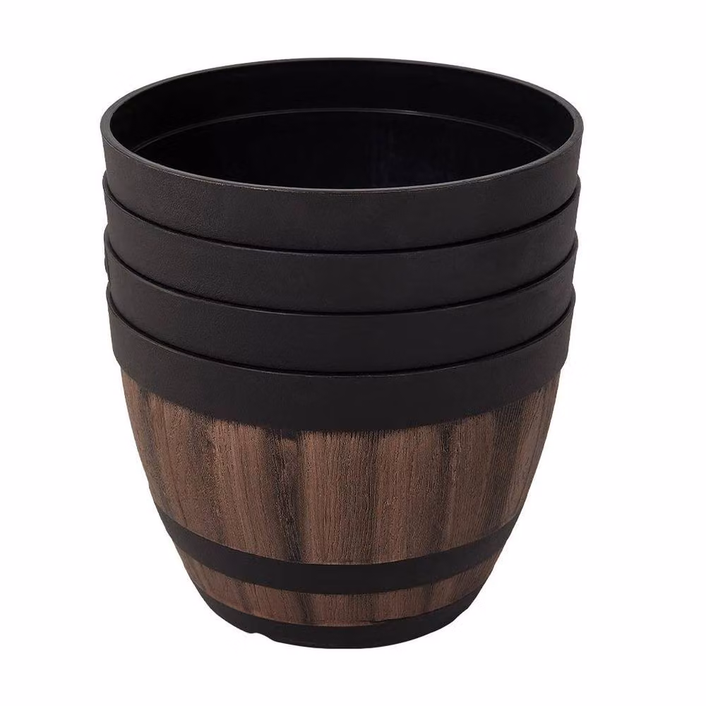 NESTLUNE Set of 4 Brown Barrel Planter Pots for Garden and Indoor Plants – 4