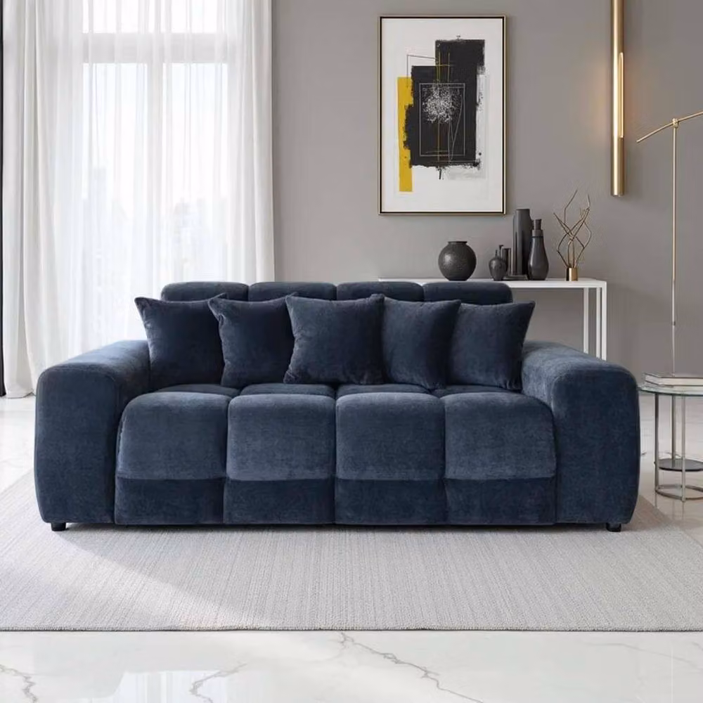 Furnishings For Less UK Jenson 3 Seater Black Plush Velvet Sofa with Deep Seats and Scatter Cushions W: 215 cm, H: 90 cm, D: 105 cm – 2