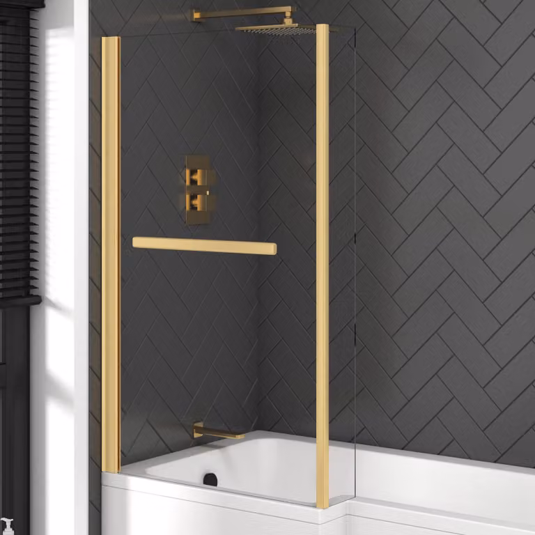 Royal Bathrooms Modern Quattro Asymmetric Fixed Bath Screen and Rail with Fixed End Panel in Brushed Brass and Clear Glass, W: 140 cm