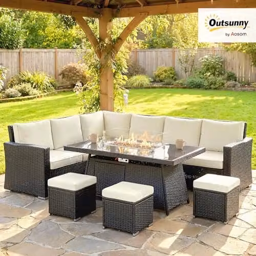 Outsunny 7 Piece Beige Rattan Garden Furniture Set with U-Shape Sofa, Ottoman, Coffee Table and Removable Cushions – 2