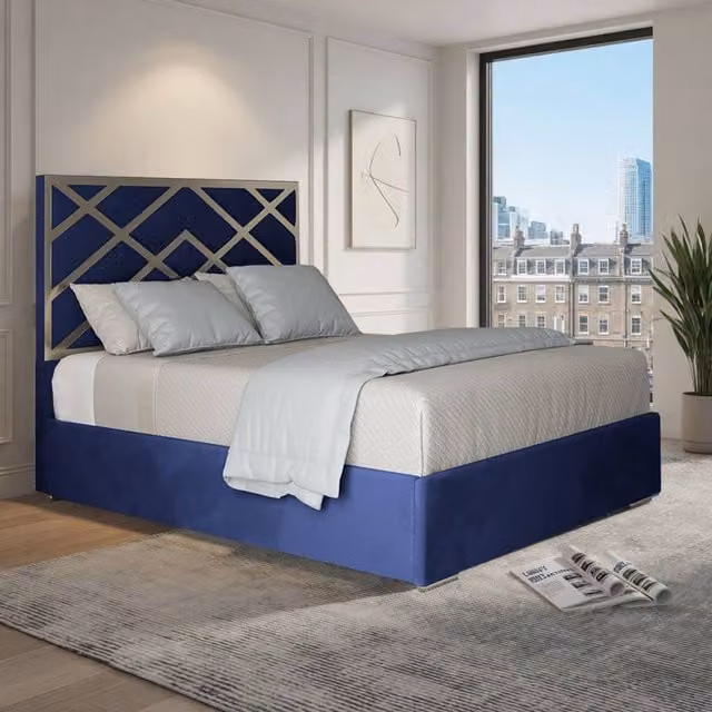 KDMD Ripponden Blue Velvet Upholstered Metal Designer Bed Frame, W/D/H: 200 x 189 x 127 cm