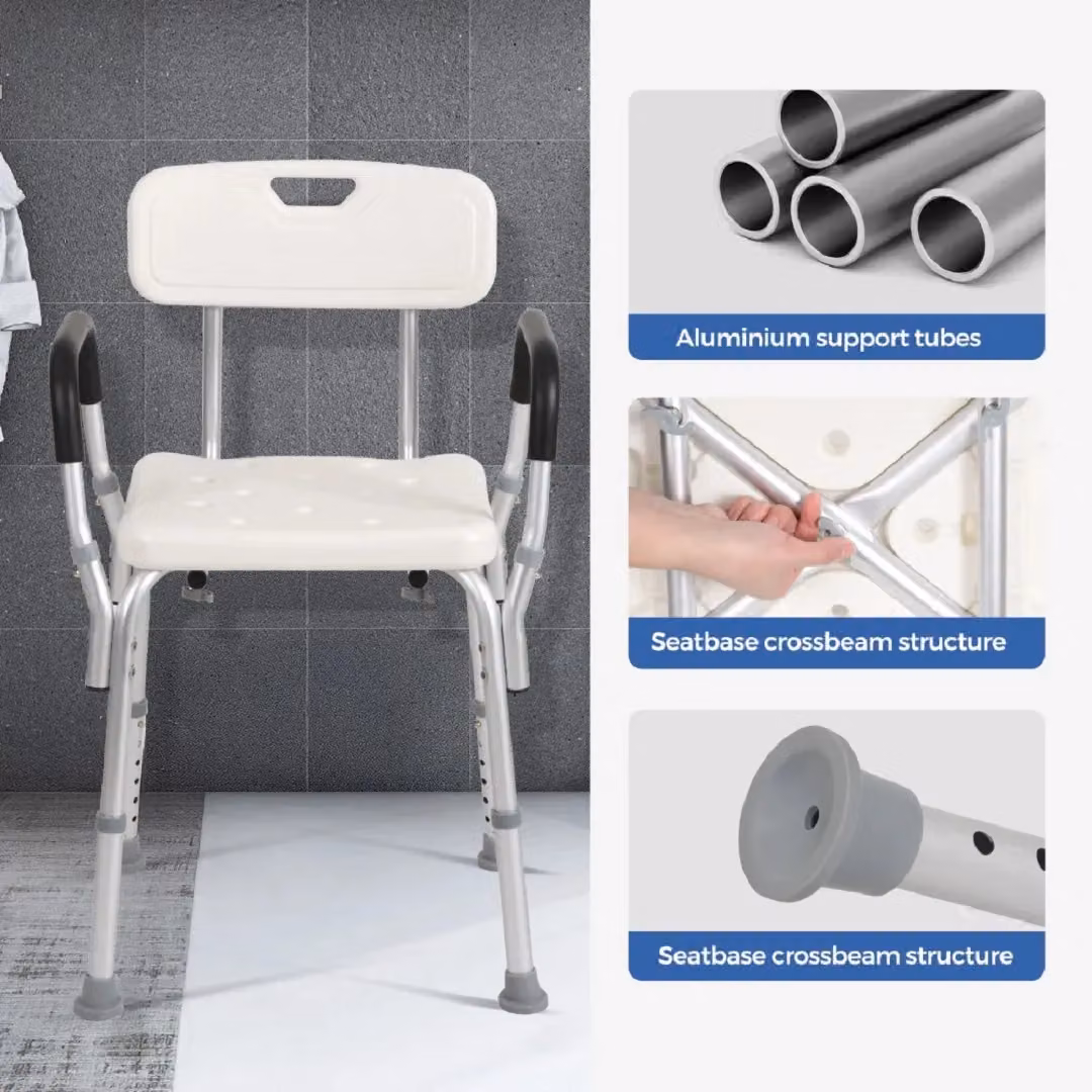 EONLION Non-Slip Height Adjustable Shower Chair in White, H 84.2 x W 48.5 x D 41.5 cm – 2