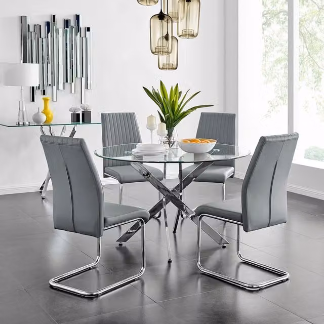 FurnitureboxUK Novara Round Glass Dining Table and 4 Lorenzo Chairs Set in Grey, Diameter: 120 cm