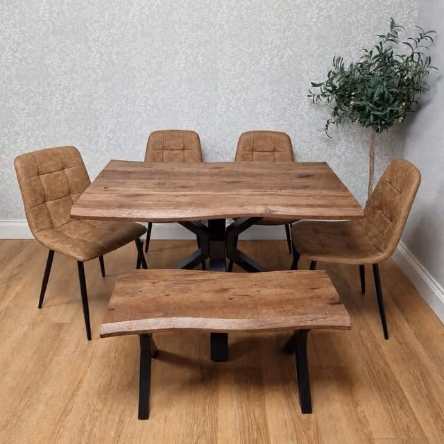 Kosy Koala 6 Seater Industrial Dining Set with Rectangular Wooden Effect Table, Faux Leather Chairs and Bench in Brown and Black