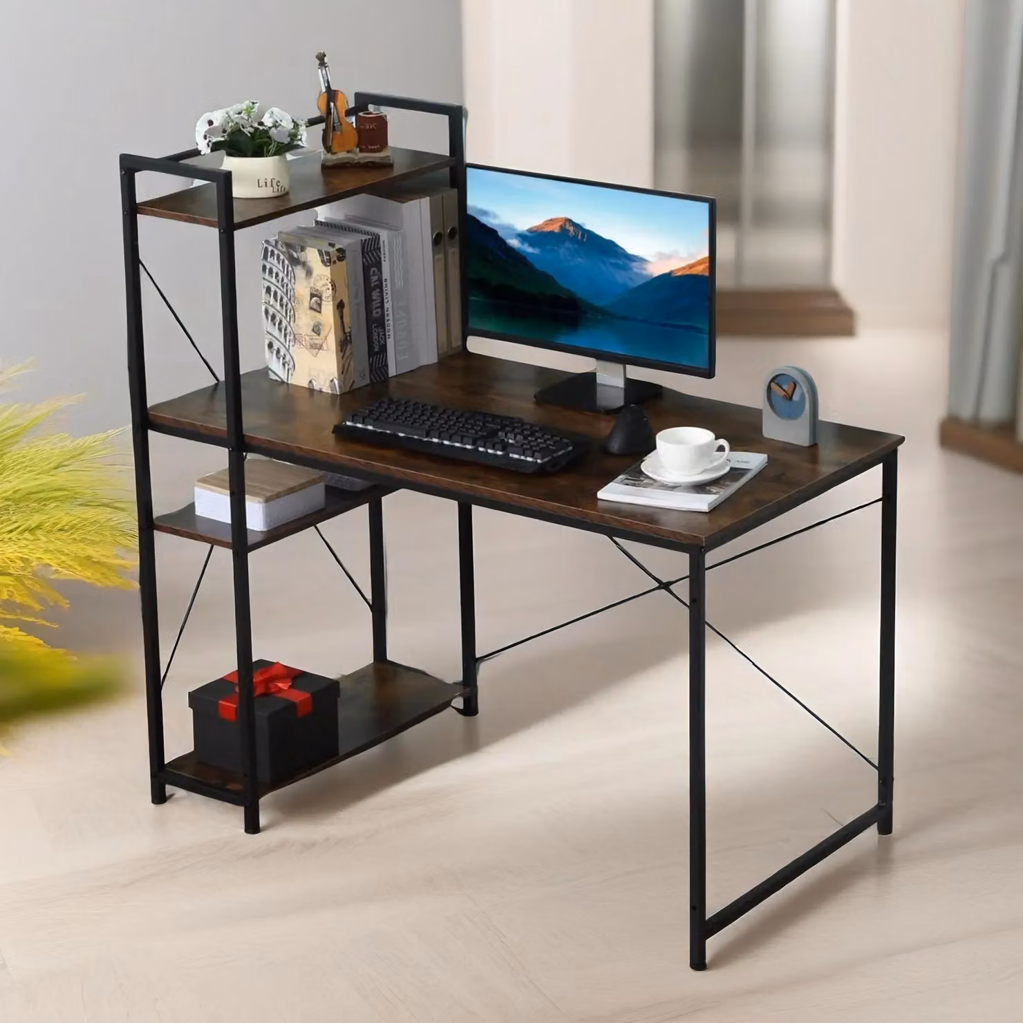Pirlo Plush Industrial 4 Tier Computer Desk with Shelves, Rustic Brown, W: 121 cm, D: 64 cm, H: 64 cm – 2