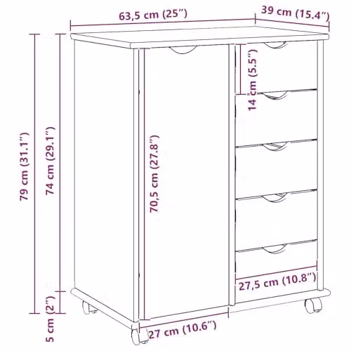 vidaXL Rolling Cabinet in Black Solid Pine Wood, W/D/H: 63.5 x 39 x 79 cm – 3