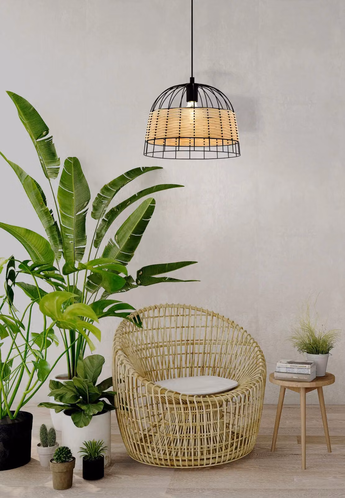 Loops Black Wire and Wicker Wood Ceiling Pendant Light and 2x Matching Wall Lights – 3
