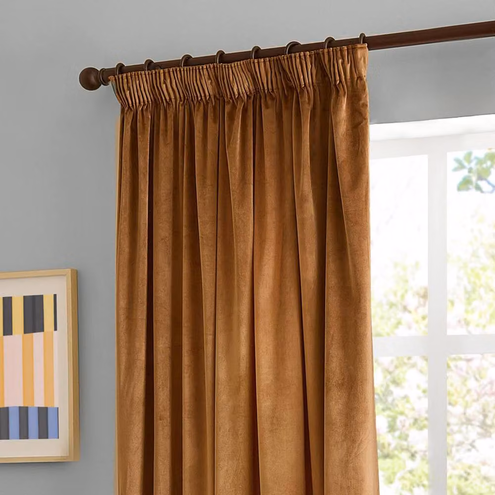 Furn Pale Orange Velvet 100% Blackout Pencil Pleat Curtain Pair, Width: 168 cm, Drop: 137 cm – 3