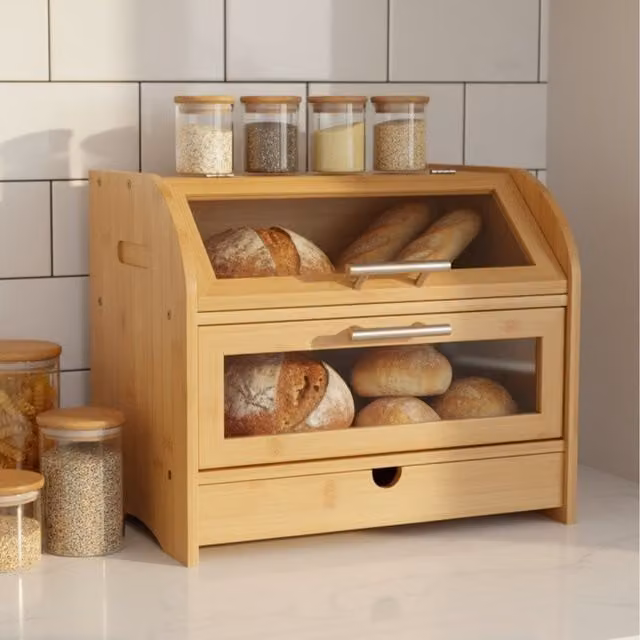 Maison Des Cadeaux Natural Bamboo 3 Compartment Double Layer Ventilated Bread Bin with Drawer