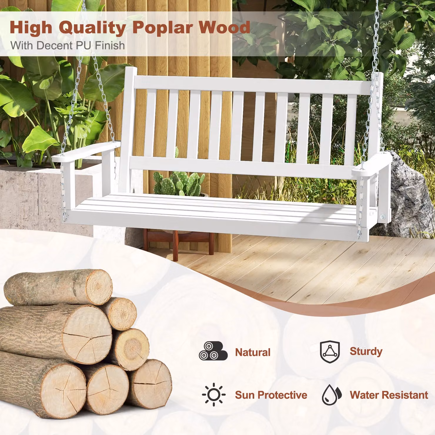 Costway 2-Person Wooden Garden Swing Bench with Slatted Back and Armrests in White – 3