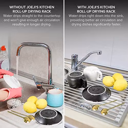 joeji's Kitchen Non-slip Roll Up Dish Drying Rack in Stainless Steel and Silicone, Silver/Grey, W: 43 cm, D: 35 cm – 2