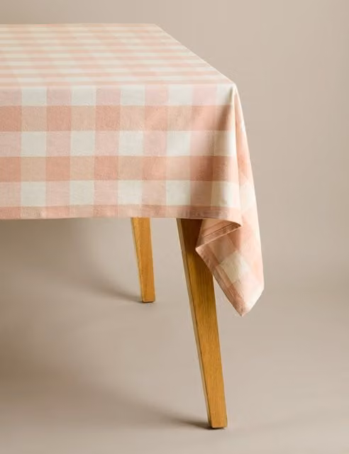 M&S Pure Cotton Checked Gingham Tablecloth in Blush Pink