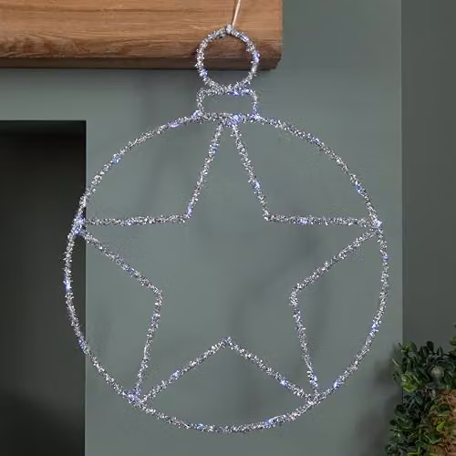 Samuel ALEXANDER Silver Star Ball Christmas Hanging Decoration with Twinkling Blue LEDs, Diameter: 49 cm – 2