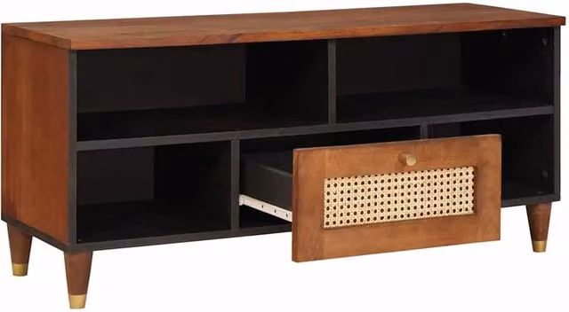 Berkfield Modern Brown Cane and Solid Mango Wood Home Media Storage Cabinet – 1