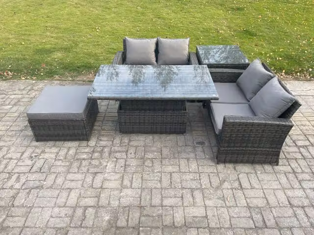 Fimous 5 Piece Poly Rattan Garden Furniture Set in Dark Grey with Height Adjustable Rising Table and Side Table