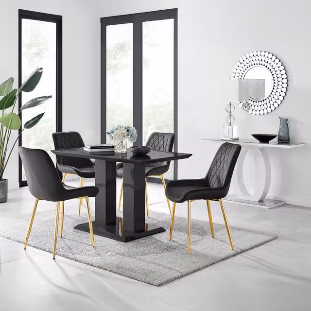 FurnitureboxUK Imperia Black Dining Set with 4 Pesaro Gold Leg Chairs