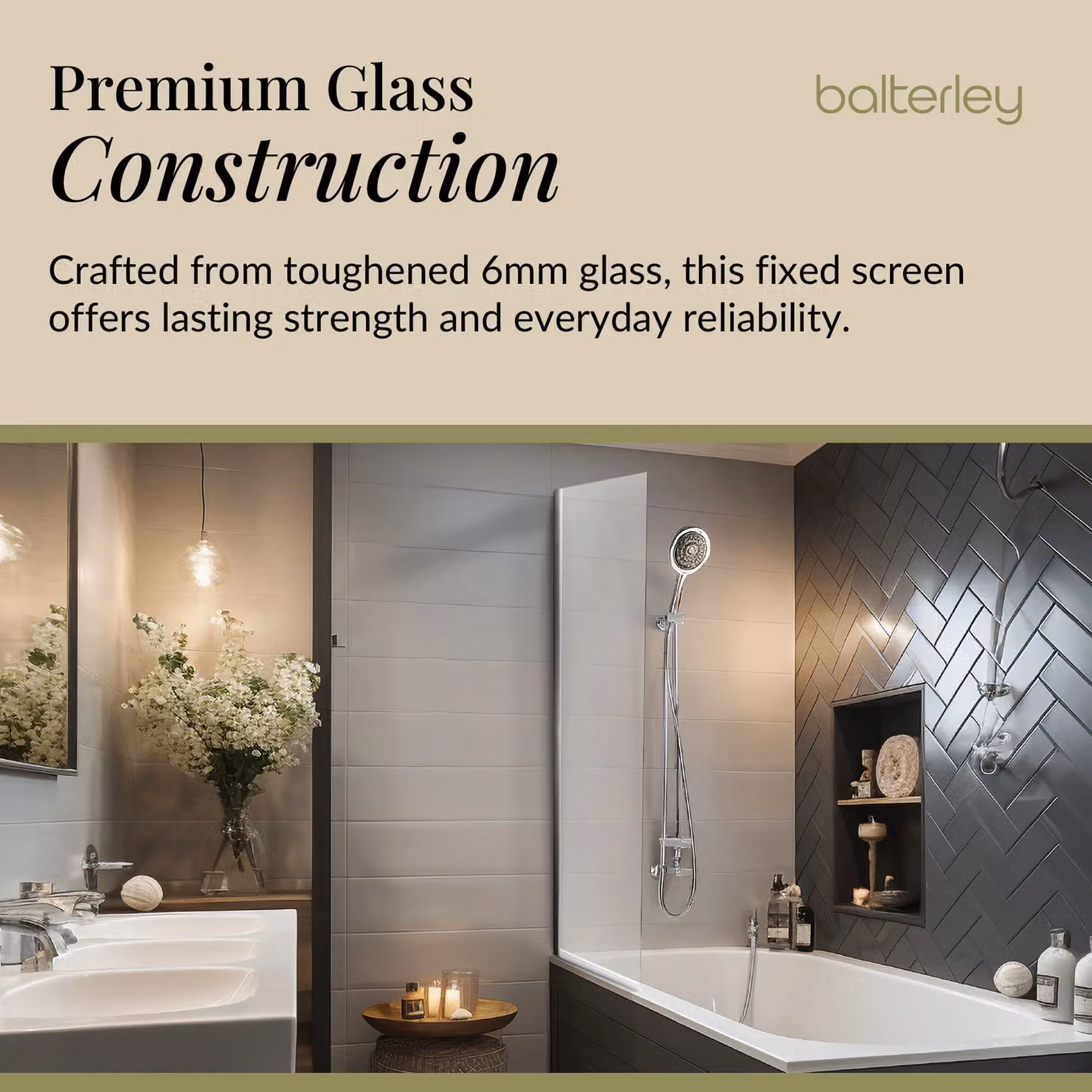 Balterley Fixed Reversible 6mm Toughened Safety Glass Bath Screen with Easy Clean Coating, Silver and Clear, W: 35 cm – 2