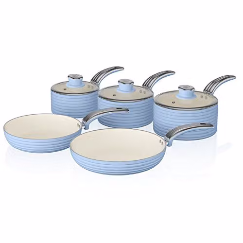 Swan SWPS5020BLN Retro 5 Piece Aluminium Pan Set with Ceramic Non-Stick Coating and Glass Lids, Blue – 1